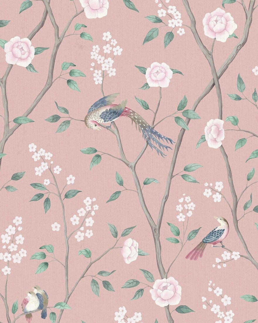 1901 Paradise Birds Light Pink and Green Icons Wallpaper by Boråstapeter