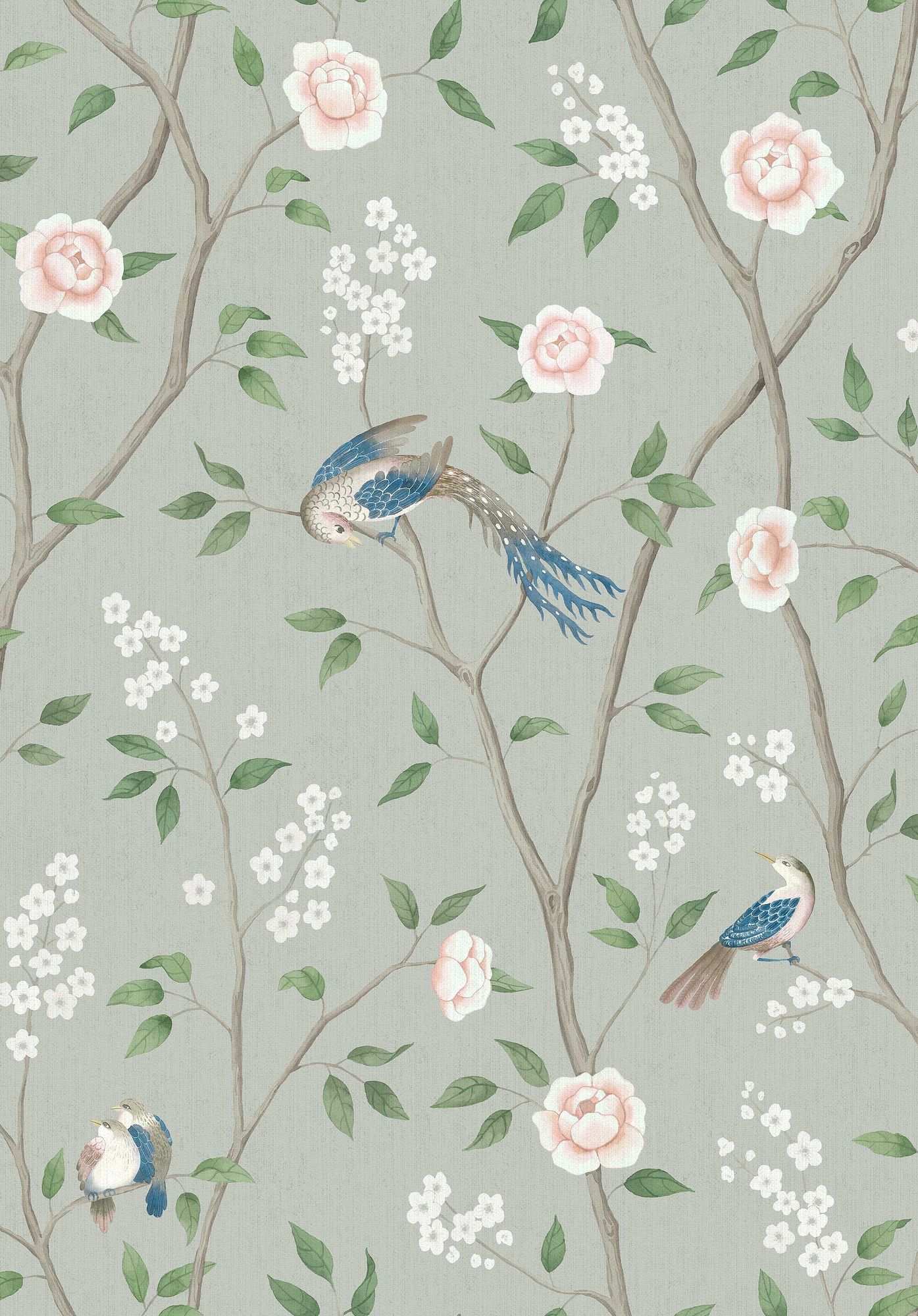 1903 Paradise Birds Dark Green and Pink Dreamy Escape Wallpaper by Boråstapeter