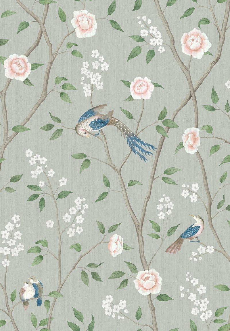 1903 Paradise Birds Dark Green and Pink Dreamy Escape Wallpaper by Boråstapeter