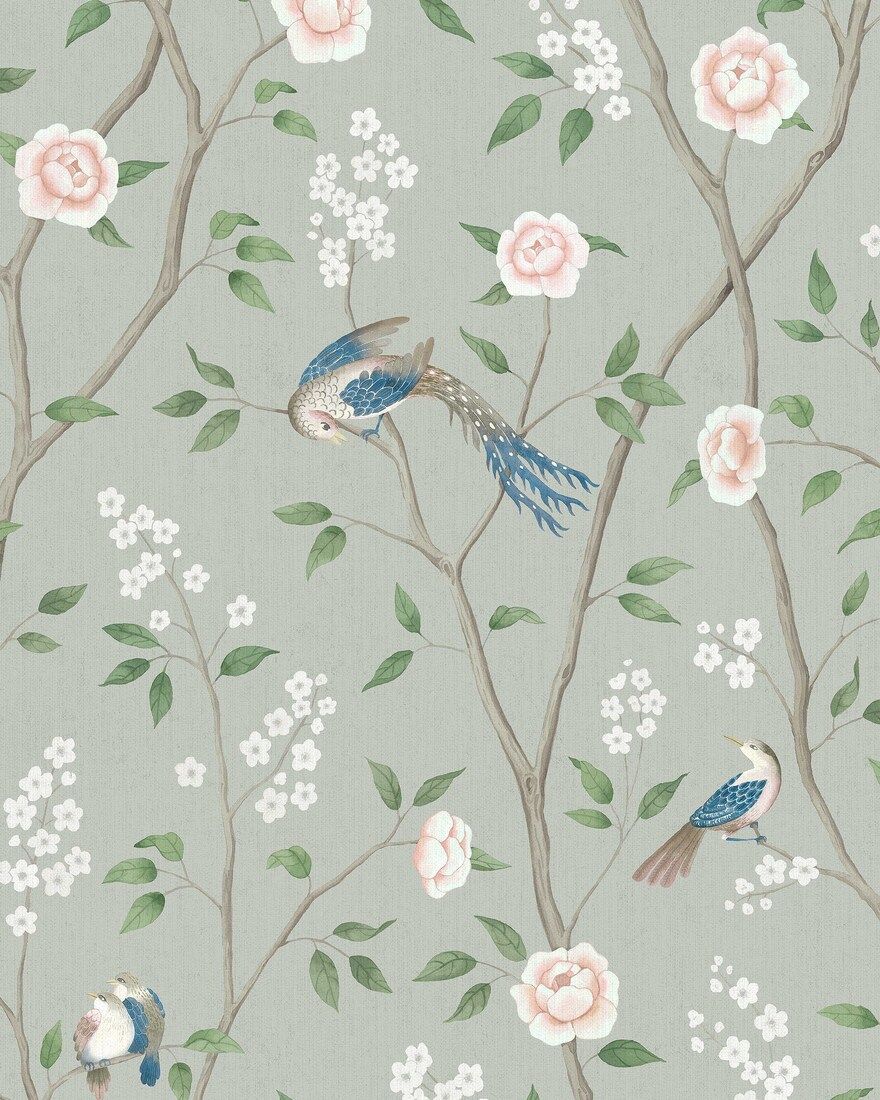 1903 Paradise Birds Dark Green and Pink Icons Wallpaper by Boråstapeter