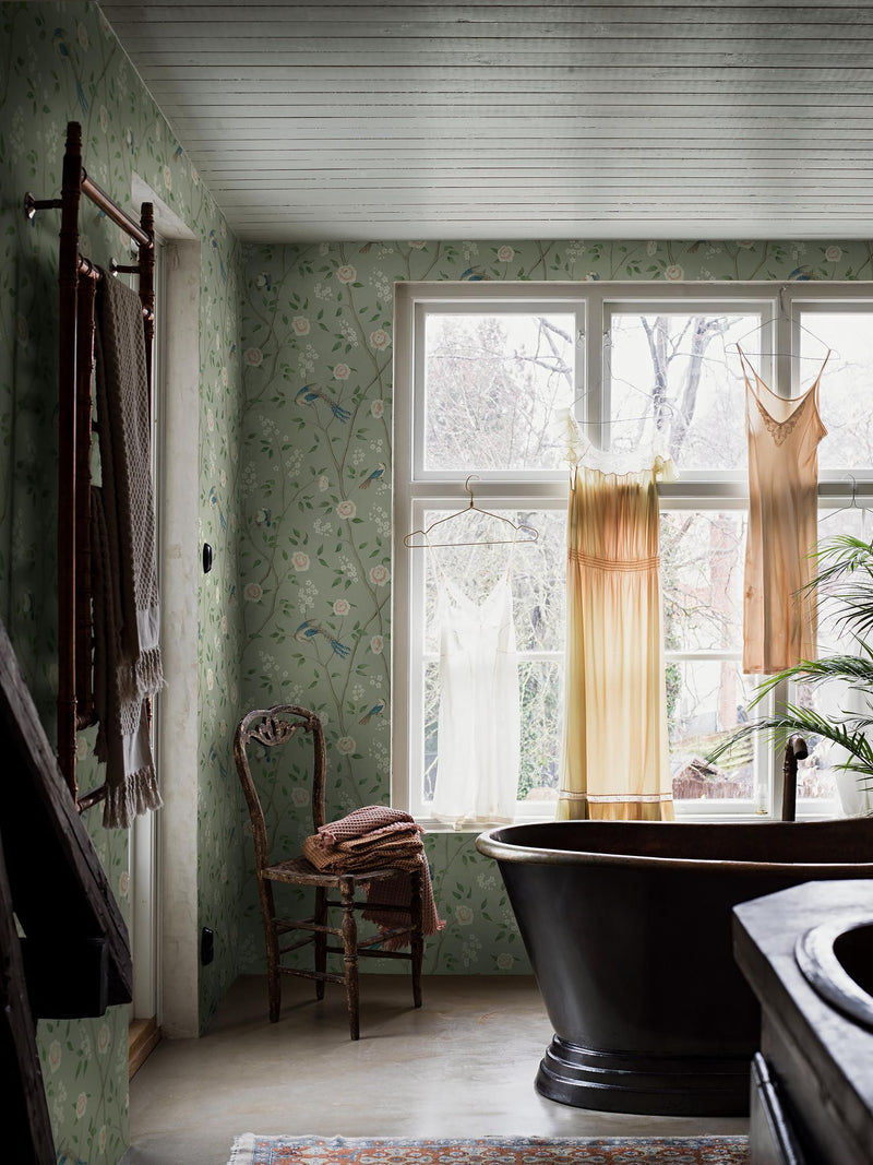1903 Paradise Birds Dark Green and Pink Dreamy Escape Wallpaper by Boråstapeter