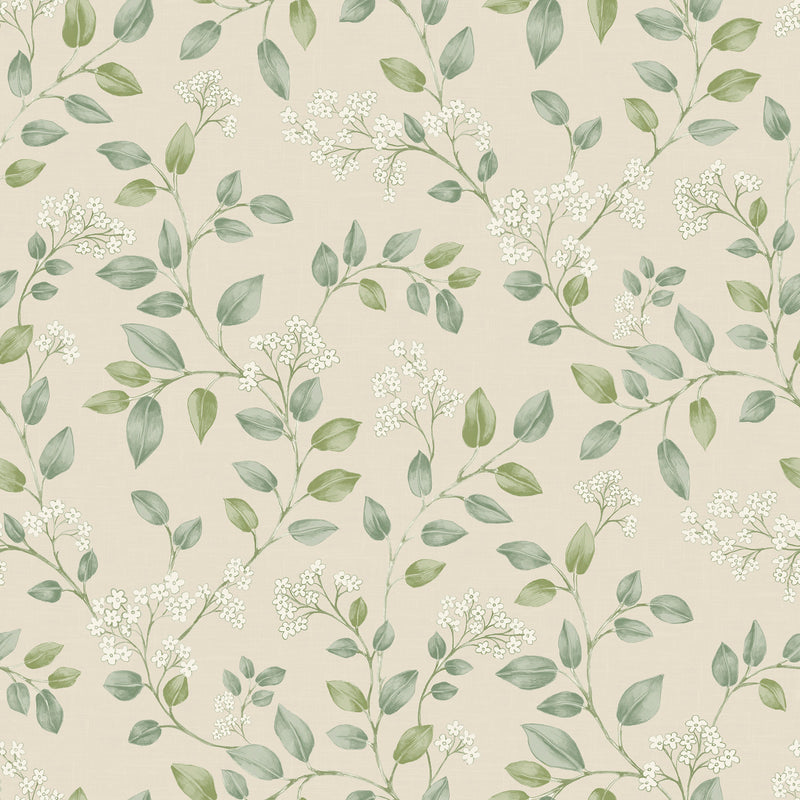 199101 Forget Me Not Floral Trail Spring Floral Neutral & Green Wallpaper by Grandeco