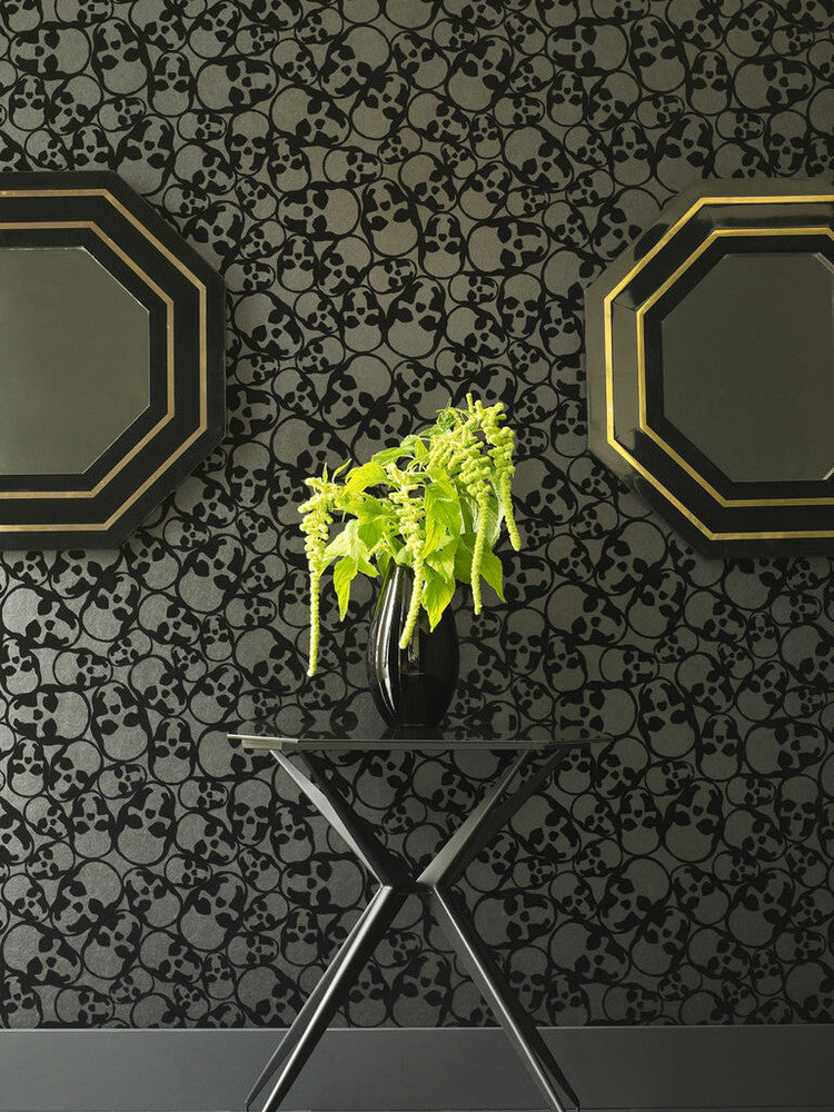 19911 Skulls Black Flock Wallpaper by Graham and Brown