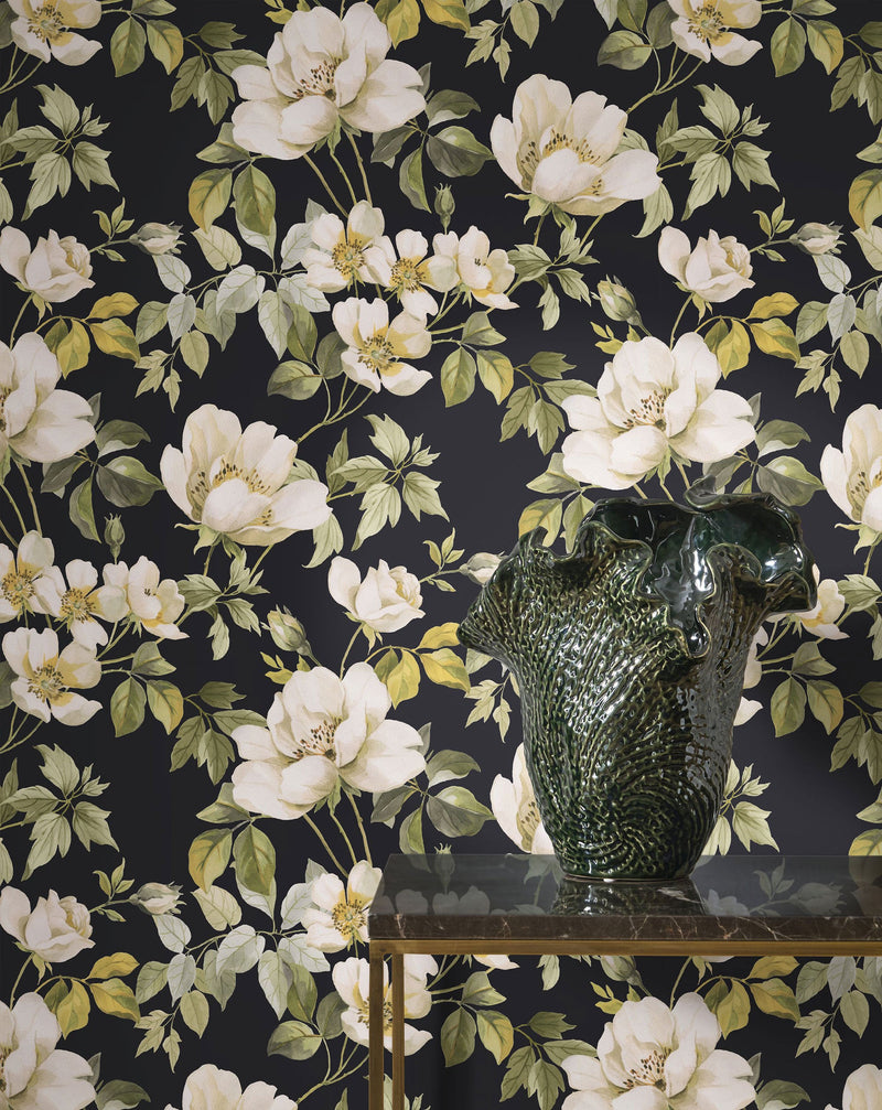 Sous Les Rosiers Noir Fusain Le Beau Jardin Wallpaper by Casadeco