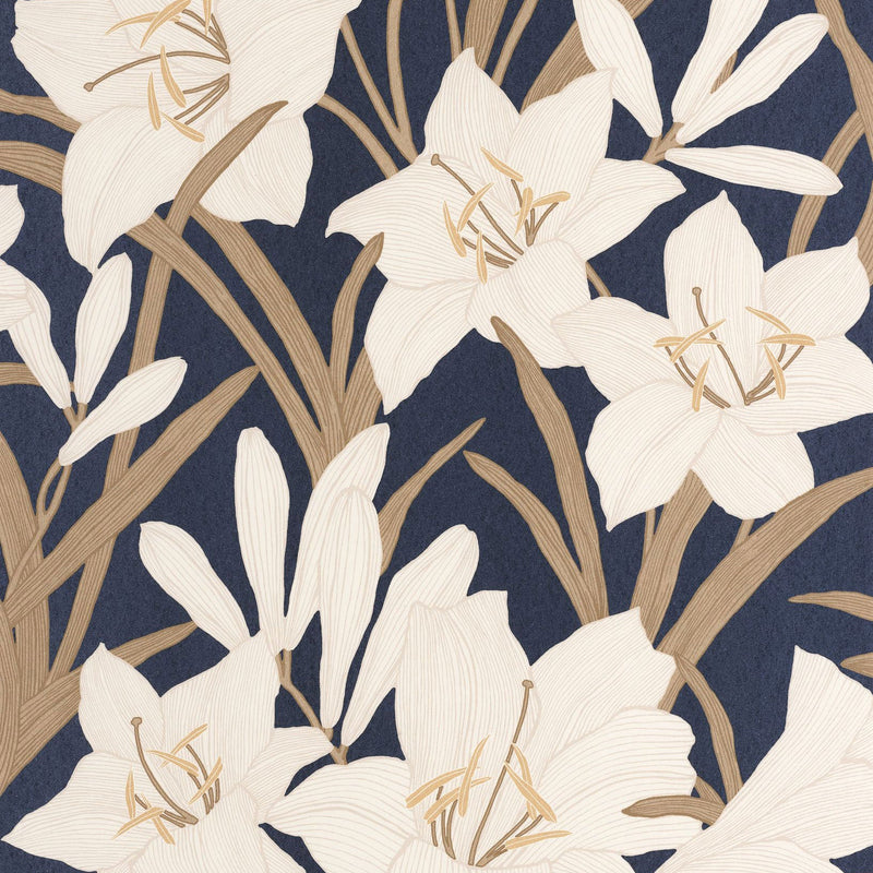 Clair De Lys Bleu Encre Le Beau Jardin Wallpaper by Casadeco