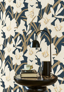 Clair De Lys Bleu Encre Le Beau Jardin Wallpaper by Casadeco