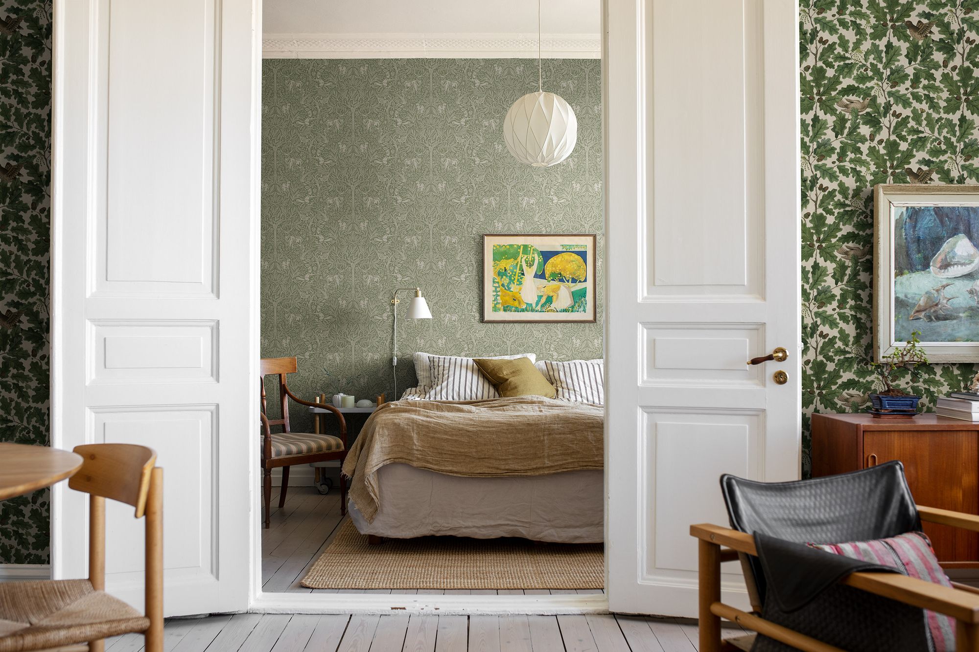 2046 Under the Elder Tree Light Green and Beige Icons Wallpaper by Boråstapeter