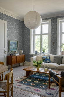 2047 Under the Elder Tree Dark Blue and Beige Icons Wallpaper by Boråstapeter