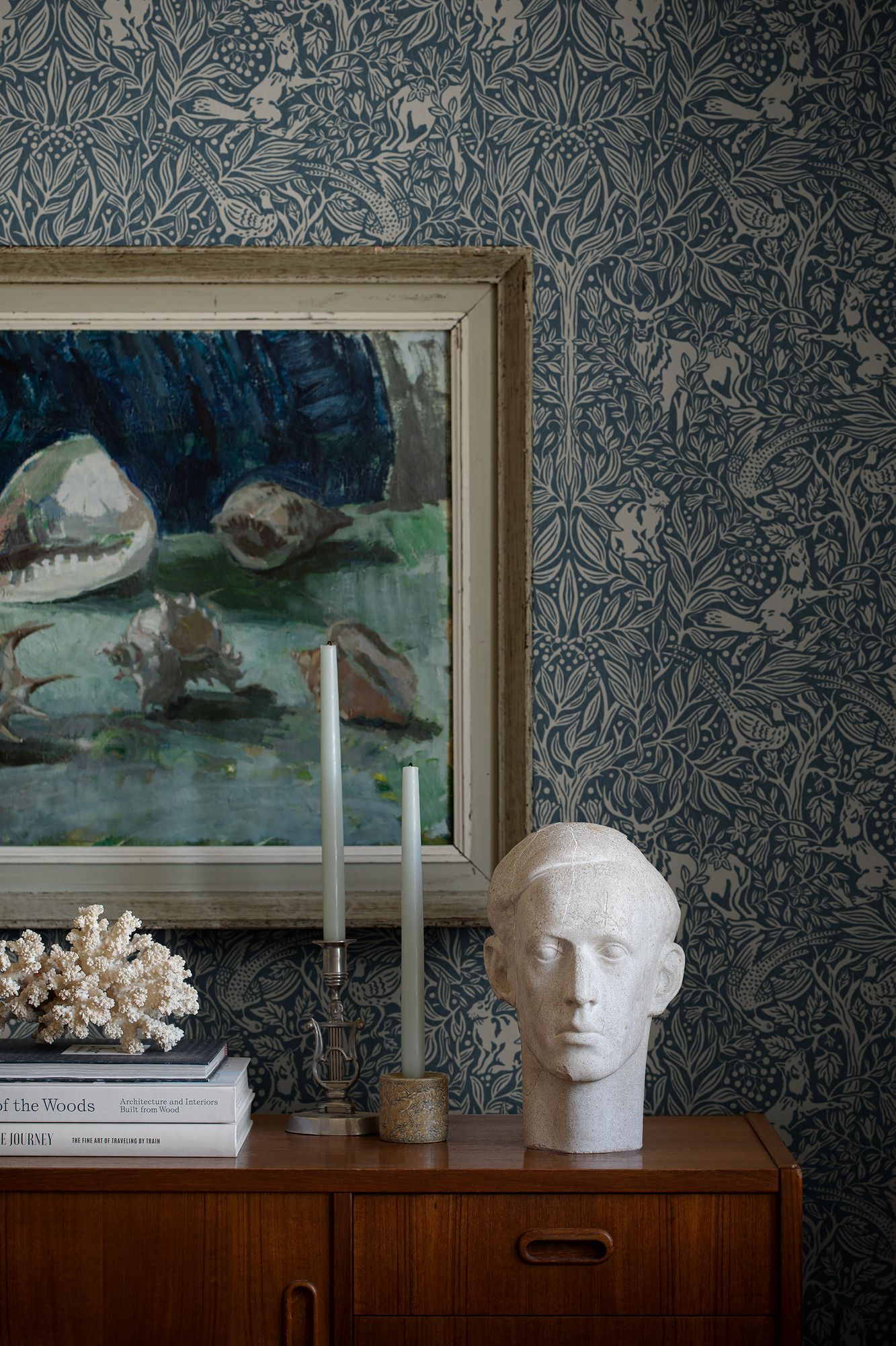2047 Under the Elder Tree Dark Blue and Beige Icons Wallpaper by Boråstapeter