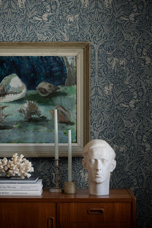 2047 Under the Elder Tree Dark Blue and Beige Icons Wallpaper by Boråstapeter