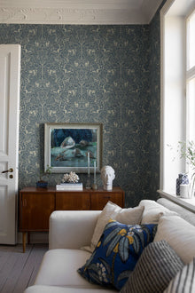 2047 Under the Elder Tree Dark Blue and Beige Icons Wallpaper by Boråstapeter