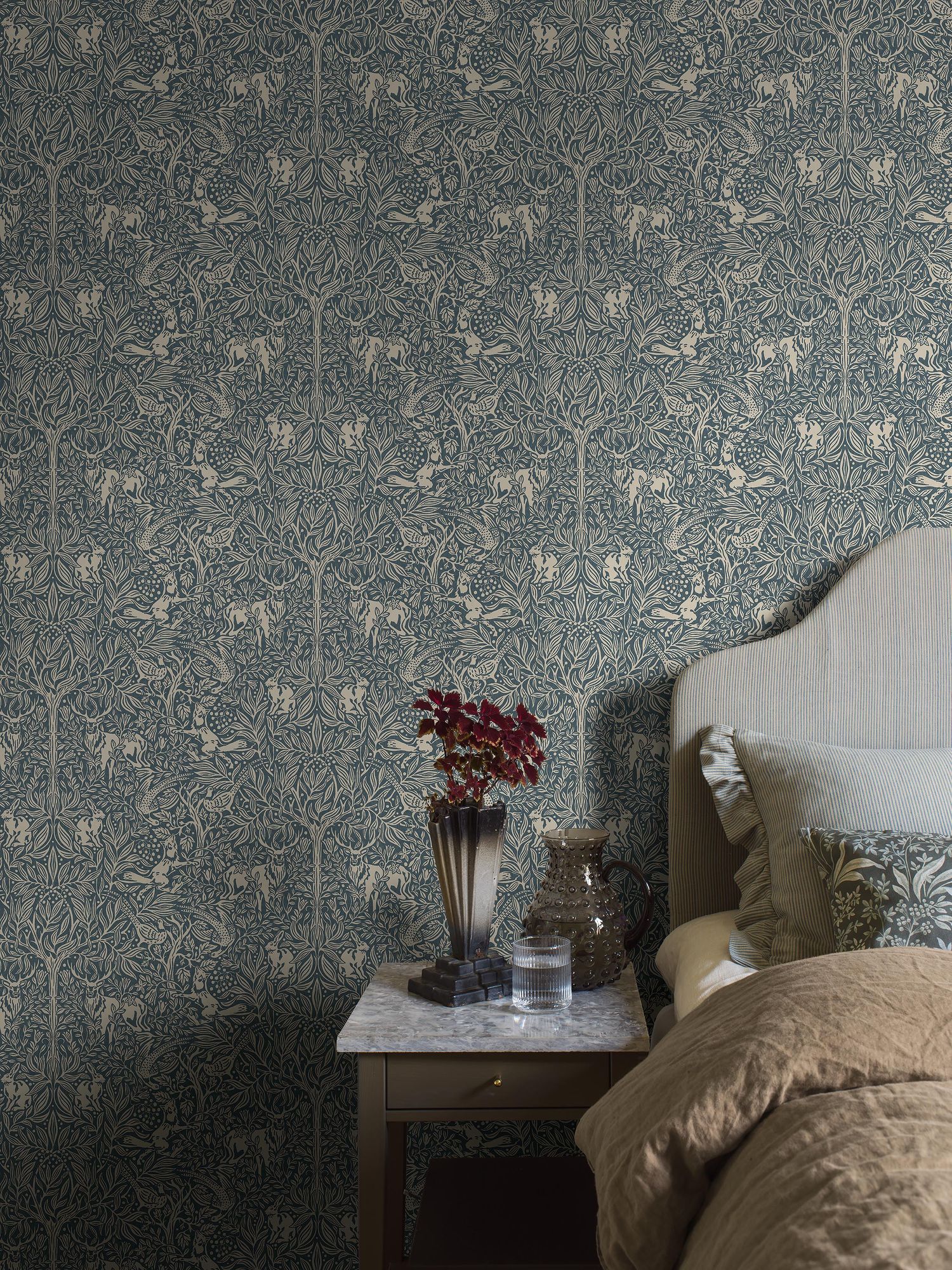 2047 Under the Elder Tree Dark Blue and Beige Icons Wallpaper by Boråstapeter