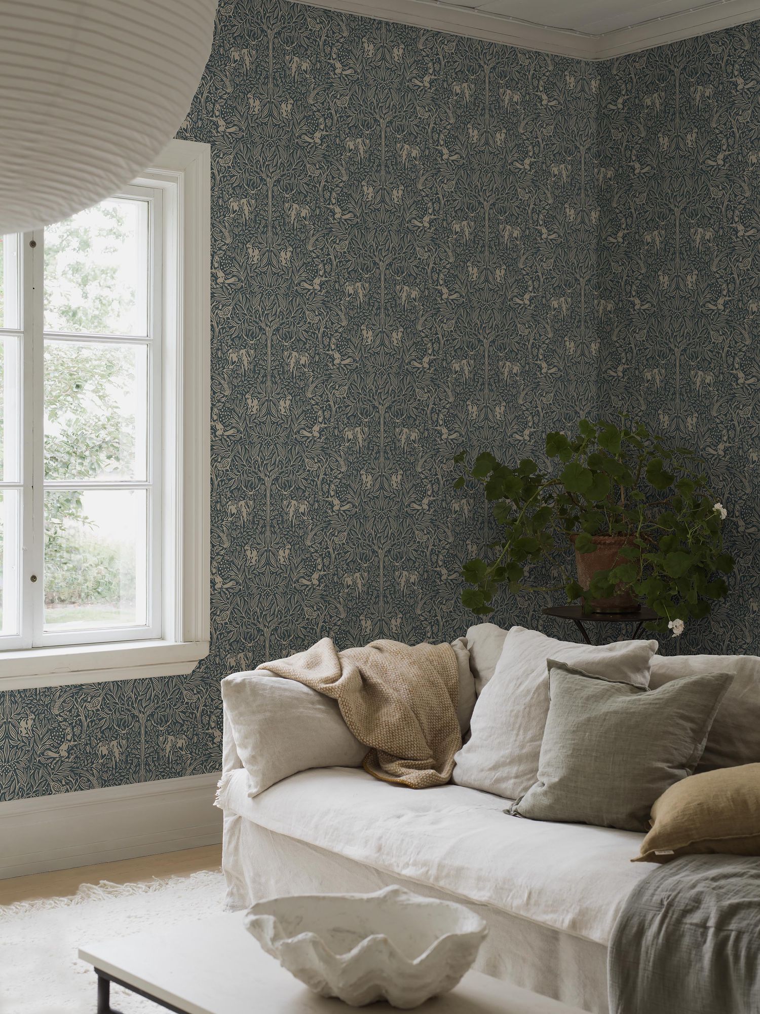 2047 Under the Elder Tree Dark Blue and Beige Icons Wallpaper by Boråstapeter