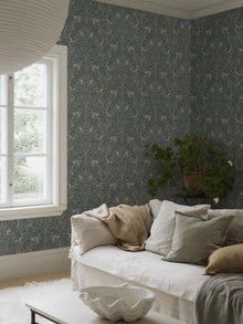 2047 Under the Elder Tree Dark Blue and Beige Icons Wallpaper by Boråstapeter