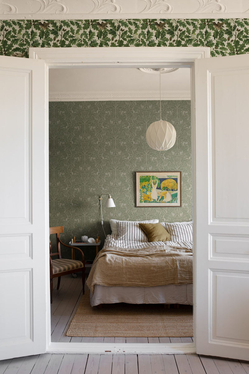 2049 In the Oak Light Green and Beige Icons Wallpaper by Boråstapeter