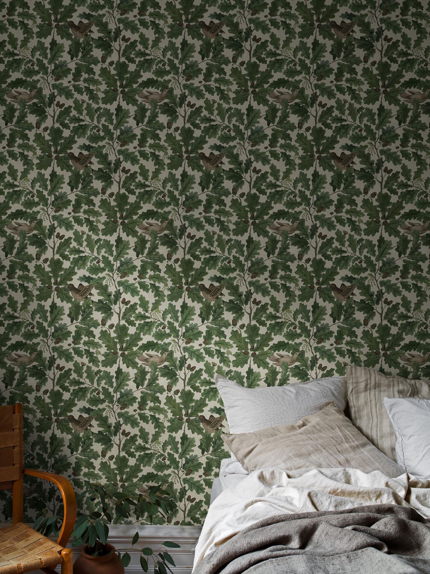 2049 In the Oak Light Green and Beige Icons Wallpaper by Boråstapeter