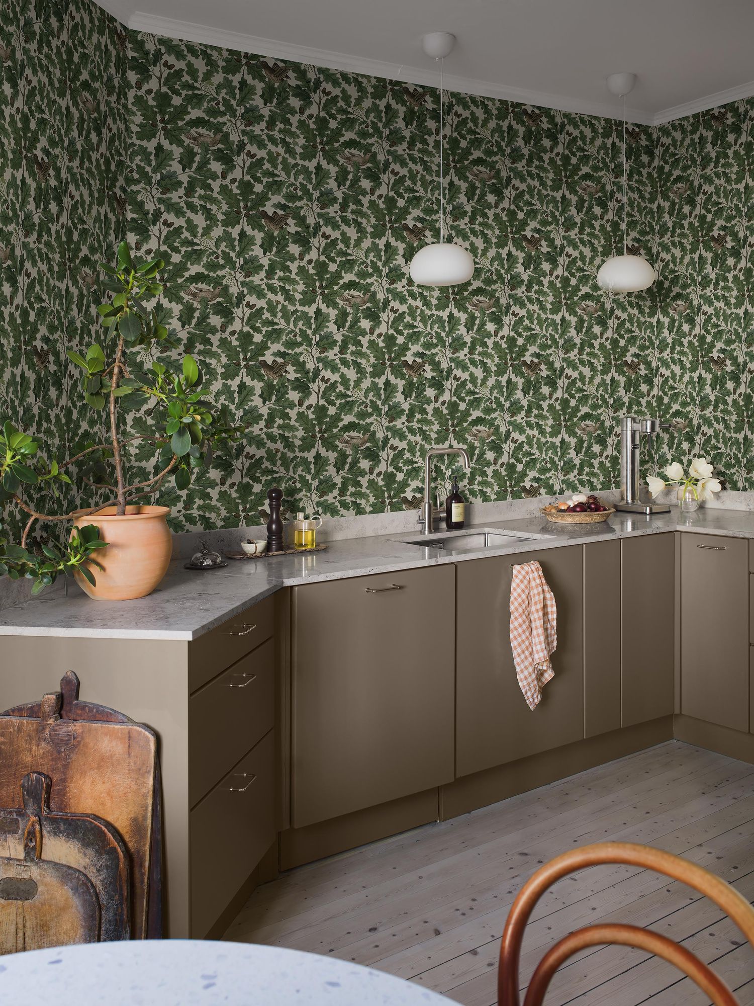 2049 In the Oak Light Green and Beige Icons Wallpaper by Boråstapeter