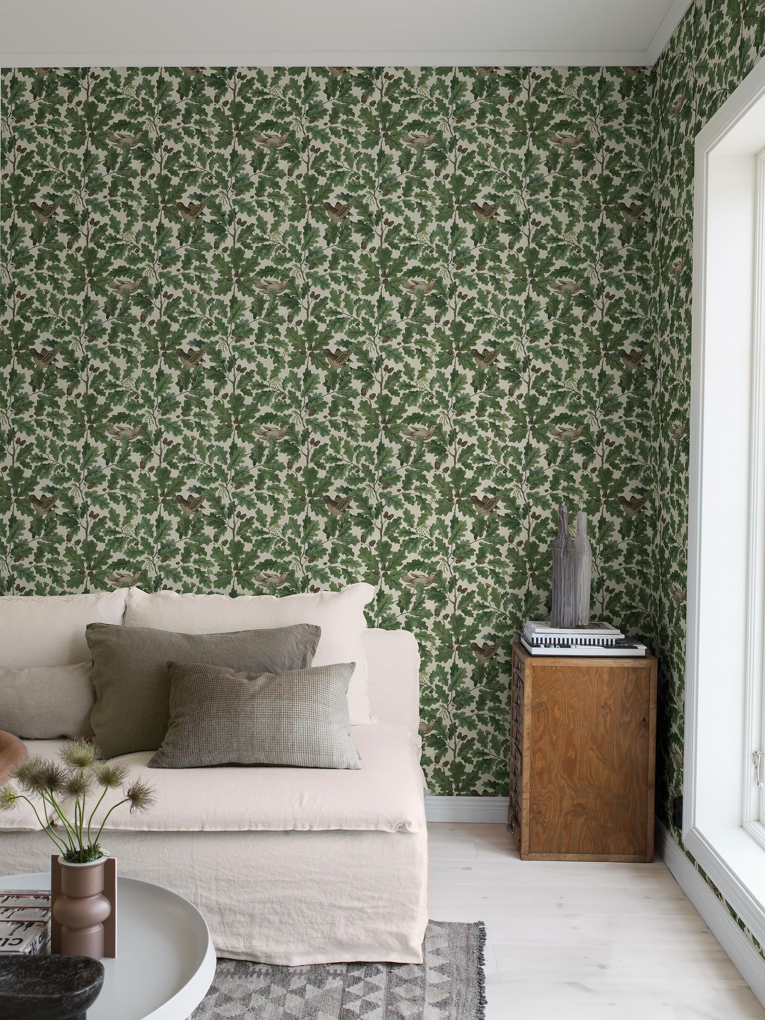 2049 In the Oak Light Green and Beige Icons Wallpaper by Boråstapeter