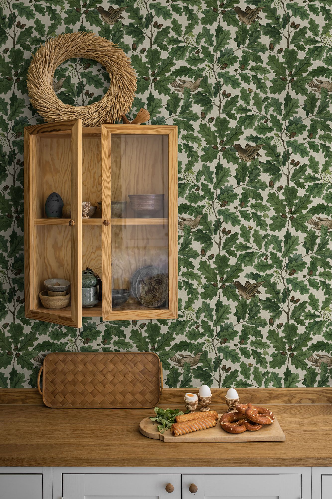 2049 In the Oak Light Green and Beige Icons Wallpaper by Boråstapeter