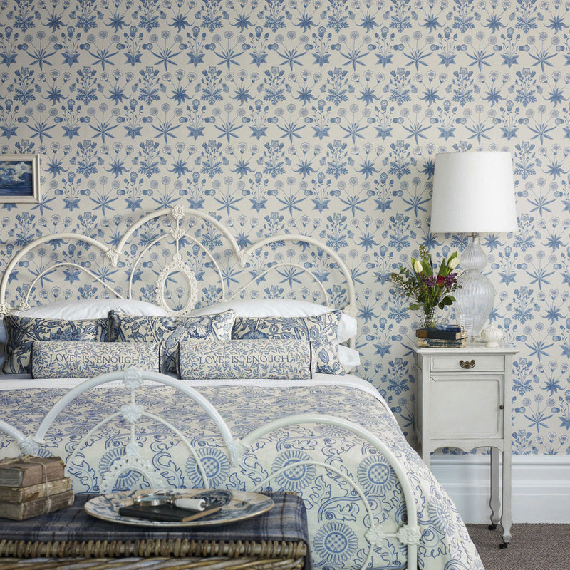 212561 Daisy Morris & Friends Blue & Ivory Wallpaper by Morris & Co