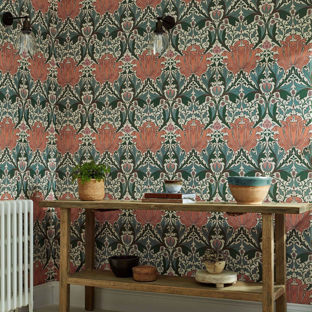 217361 Helena Morris & Friends Peach & Teal Wallpaper by Morris & Co