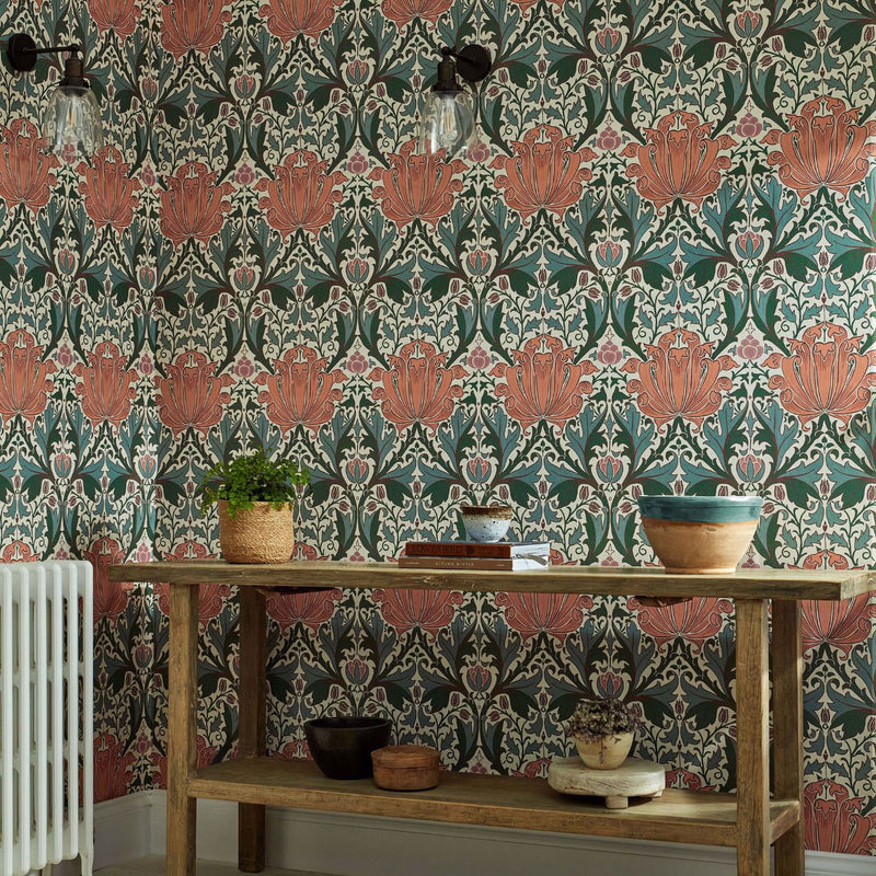 217361 Helena Morris & Friends Peach & Teal Wallpaper by Morris & Co