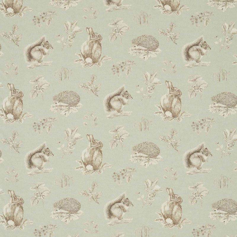 225522 Squirrel & Hedgehog Country Woodland Seaspray/Charcoal Fabric by Sanderson