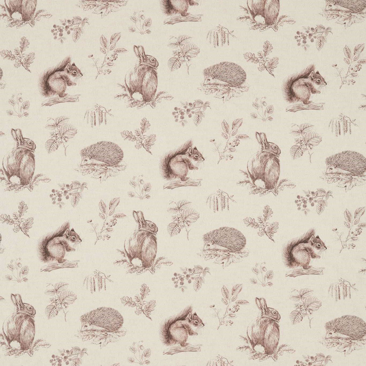 225523 Squirrel & Hedgehog Country Woodland Walnut/Linen Fabric by Sanderson