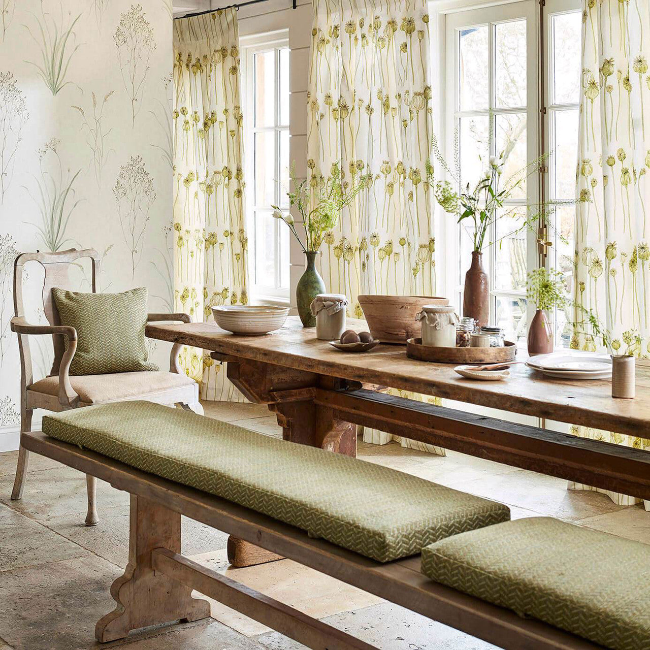 226431 Poppy Pods Embleton Bay Olive/Almond Fabric by Sanderson