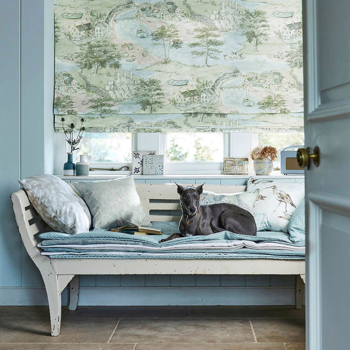 Sea Houses Embleton Bay Tidewater Blue Fabric by Sanderson