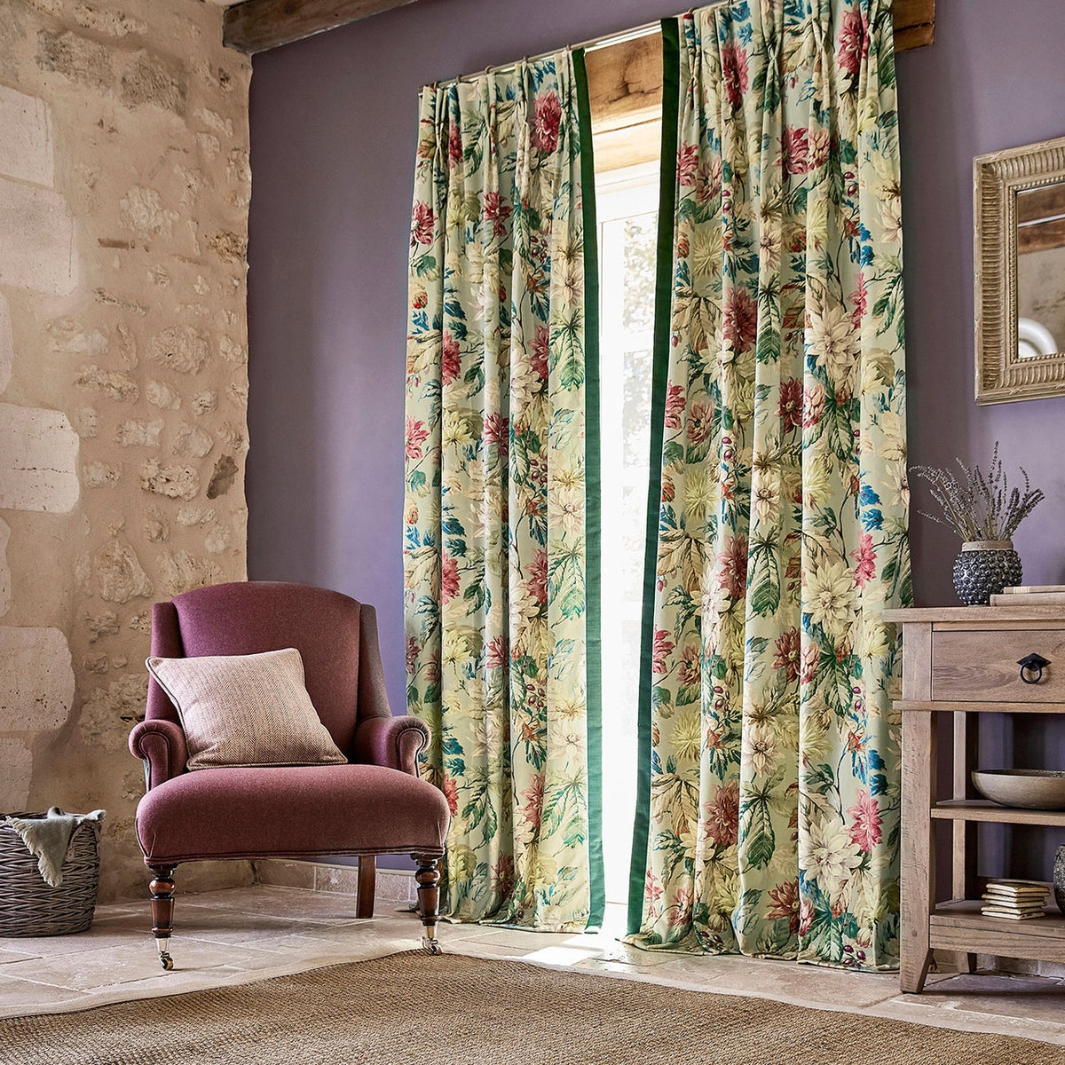 Dahlia and Rosehip Elysian Briarwood/Russet Fabric by Sanderson
