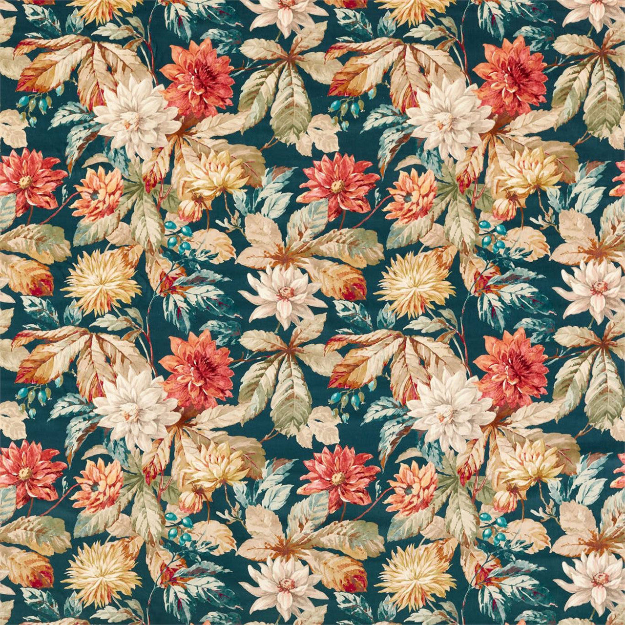 226533 Dahlia and Rosehip Velvets Elysian Teal/Russet Fabric by Sanderson