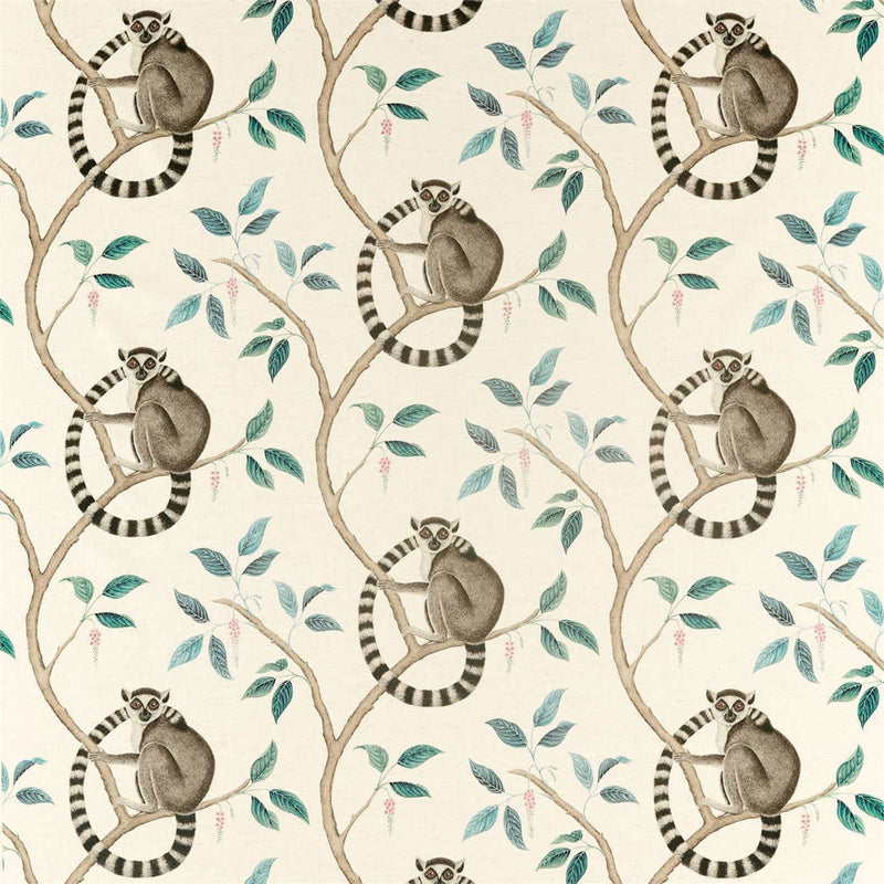 226582 Ringtailed Lemur Glasshouse Ink/Papaya Fabric by Sanderson