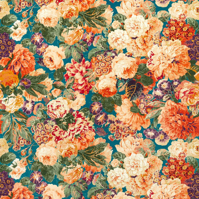 226882 Very Rose & Peony One Sixty Kingfisher/Rowan Berry Fabric by Sanderson