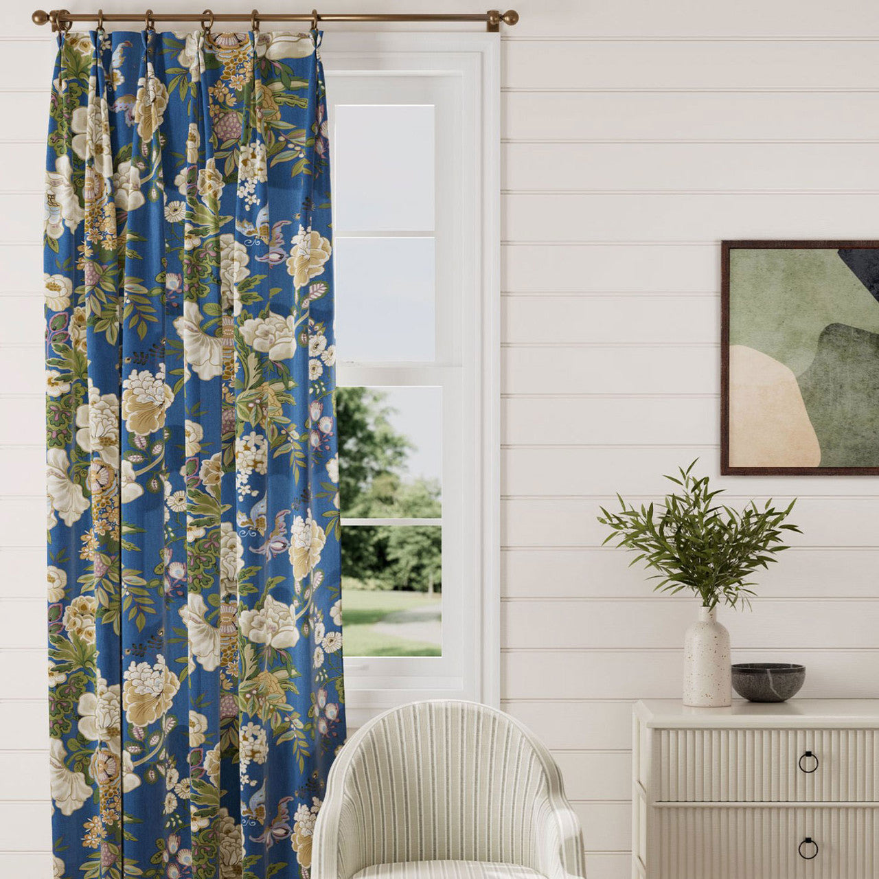 226960 Emperor Peony Water Garden Herbal Blue/Amber Fabric by Sanderson