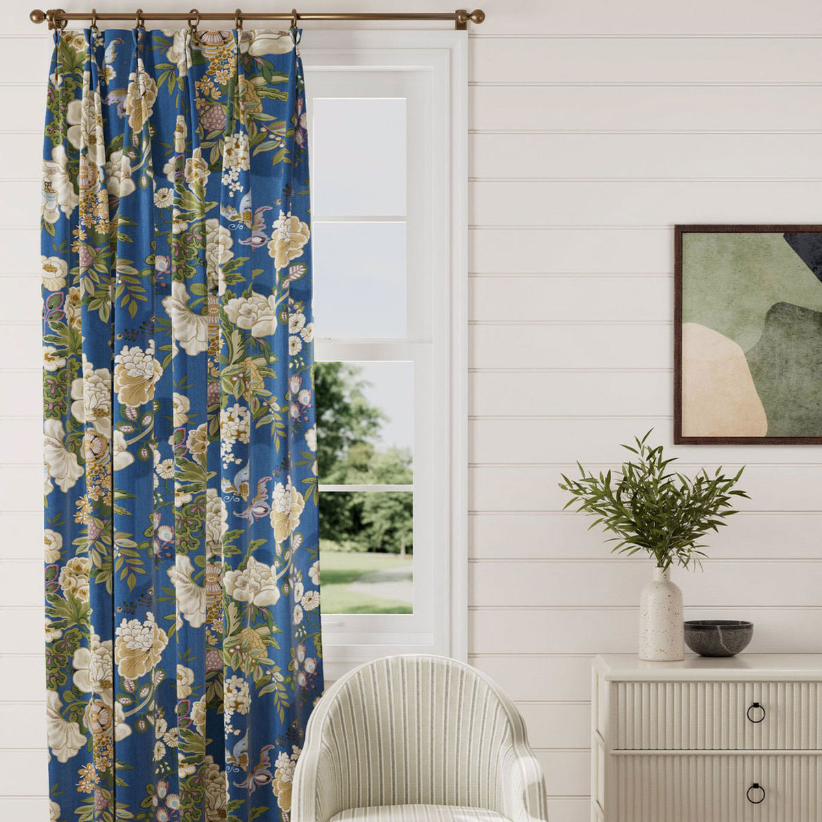 Emperor Peony Water Garden Herbal Blue/Amber Fabric by Sanderson