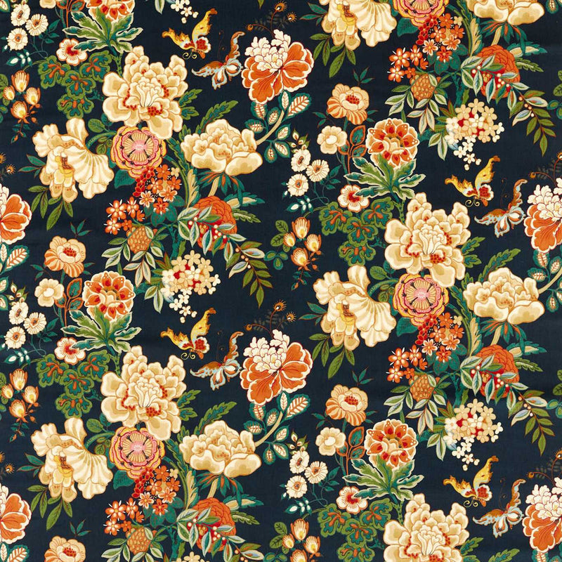 226961 Emperor Peony Water Garden Midnight/Apricot Fabric by Sanderson