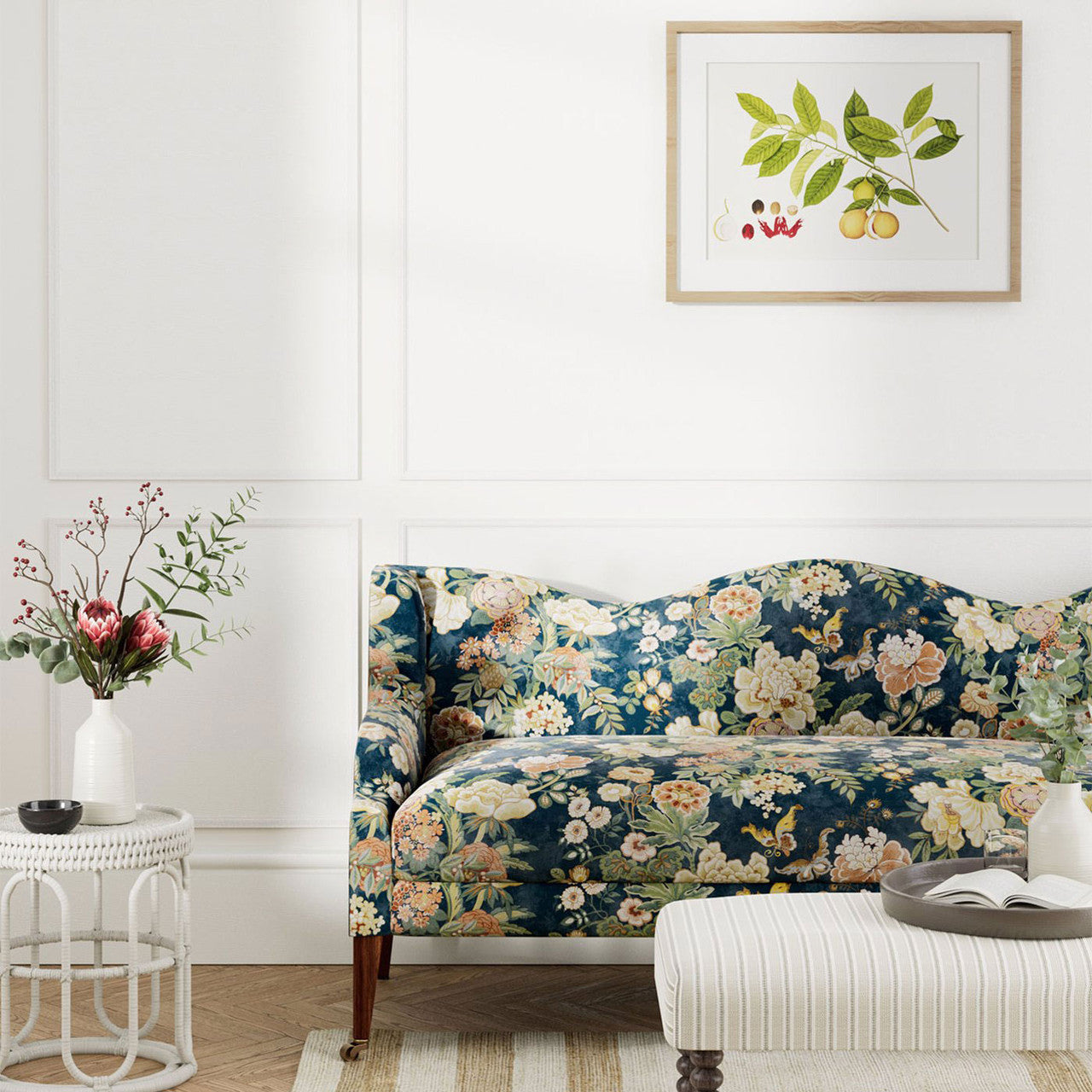 226961 Emperor Peony Water Garden Midnight/Apricot Fabric by Sanderson