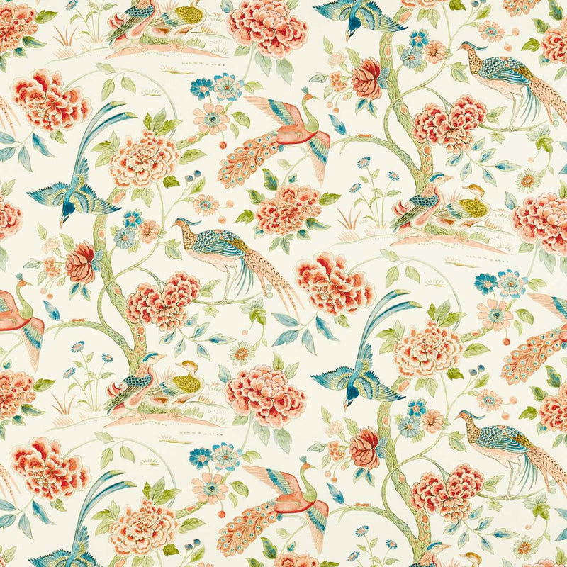 226971 Indienne Peacock Water Garden Cinnabar Red/Olive Fabric by Sanderson