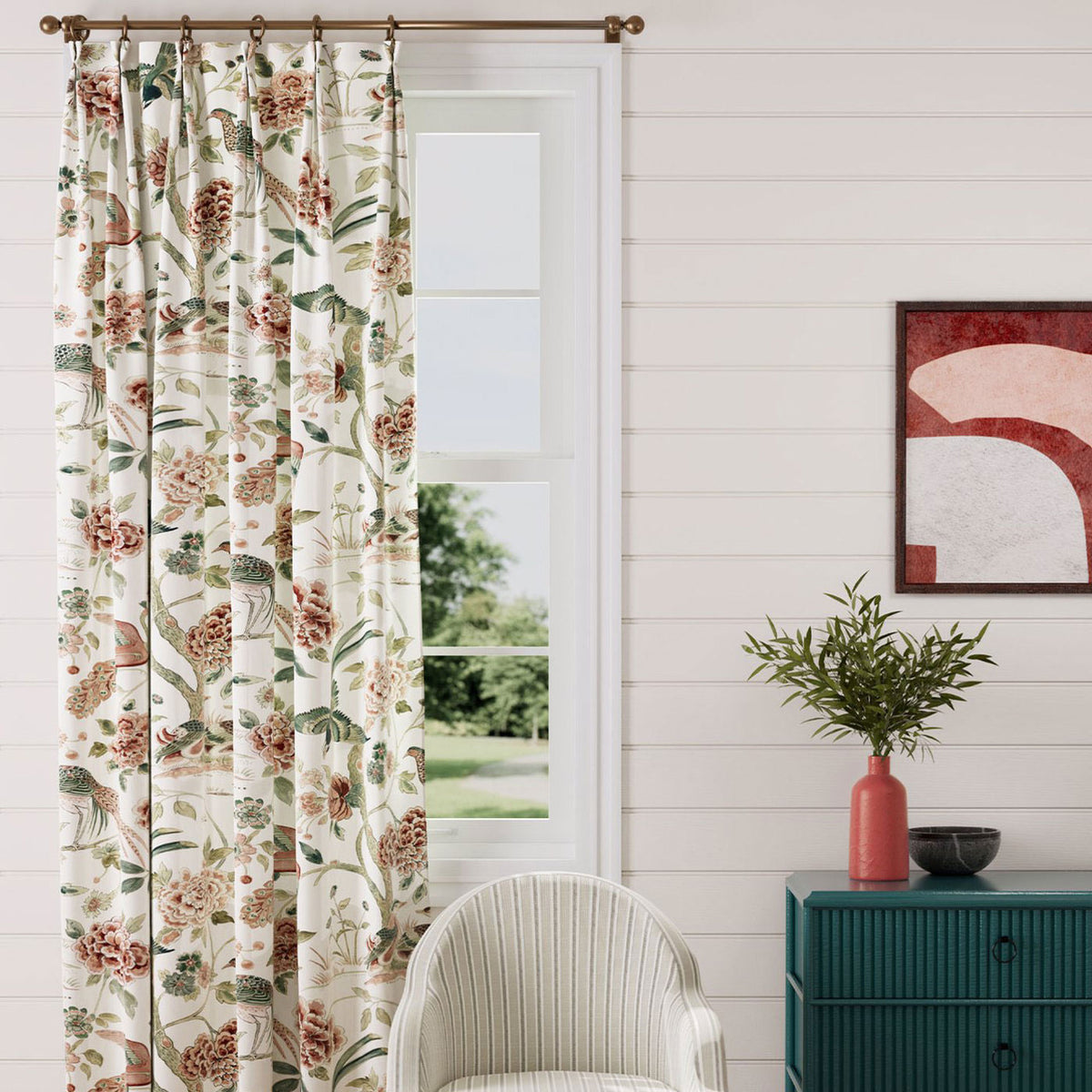Indienne Peacock Water Garden Cinnabar Red/Olive Fabric by Sanderson