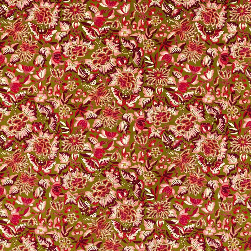 226975 Amara Butterfly Water Garden Olive /Lotus Pink Fabric by Sanderson