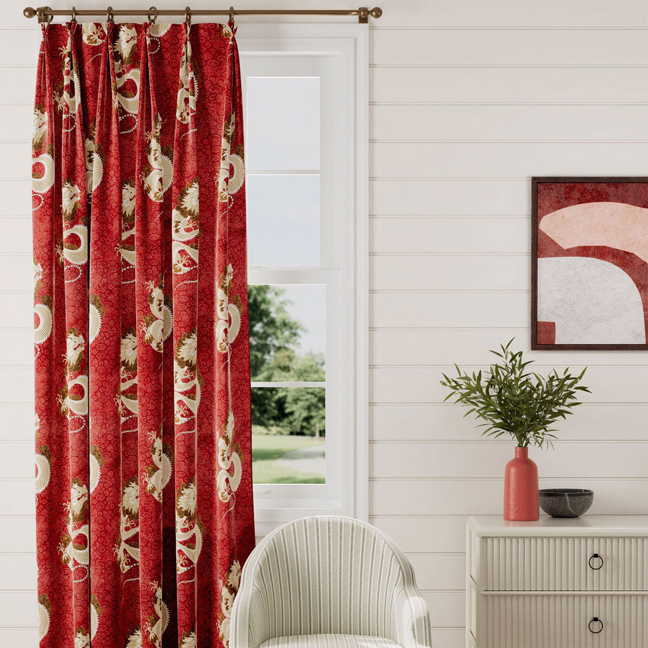 226977 Water Dragon Garden Cinnabar Red Fabric by Sanderson