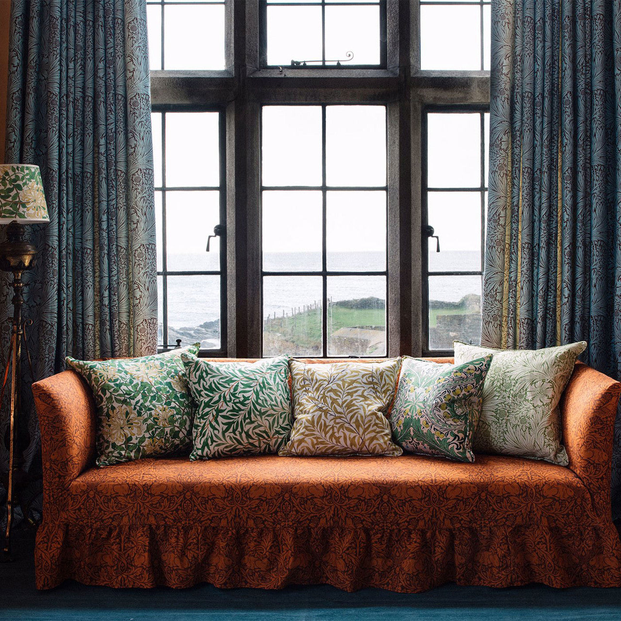 226980 Marigold Cornubia Sky/Chocolate Fabric by Morris & Co