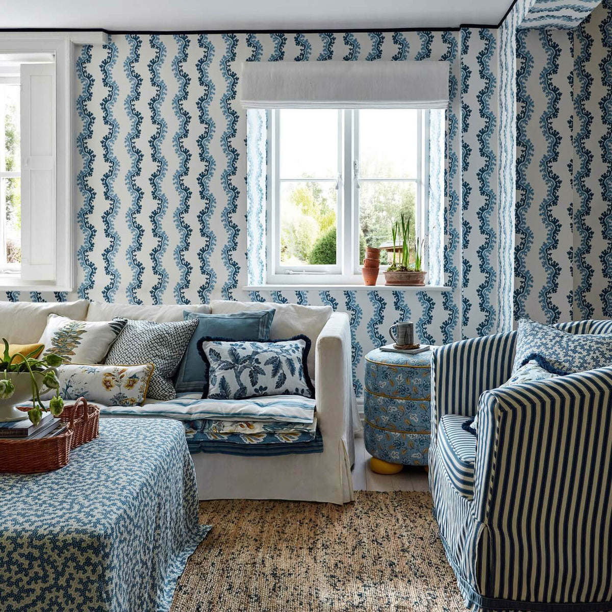 Pinetum Stripe Pinetum Prints Indigo Fabric by Sanderson
