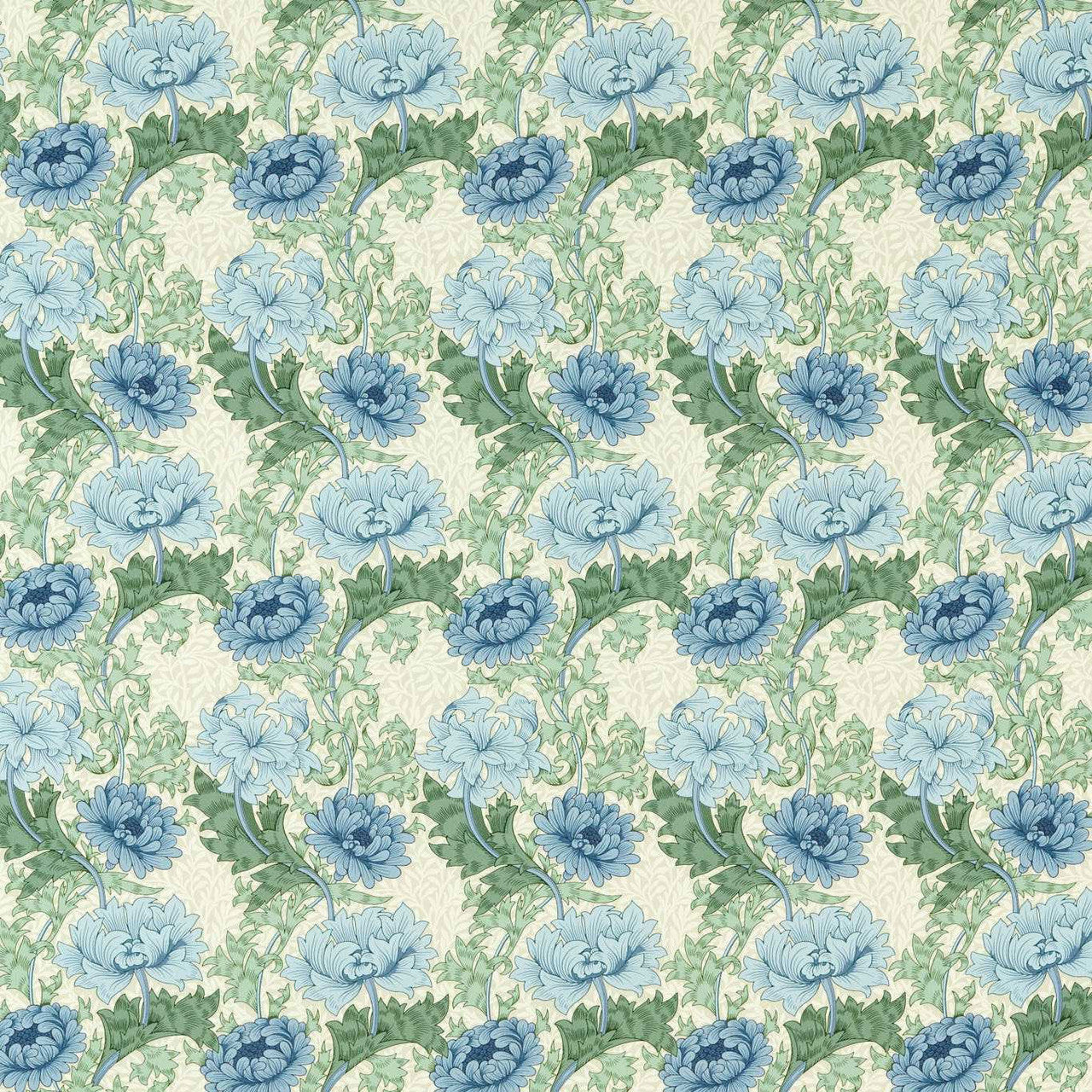 227099 Chrysanthemum Outdoor-Performance Indigo/Bayleaf Fabric by Morris & Co