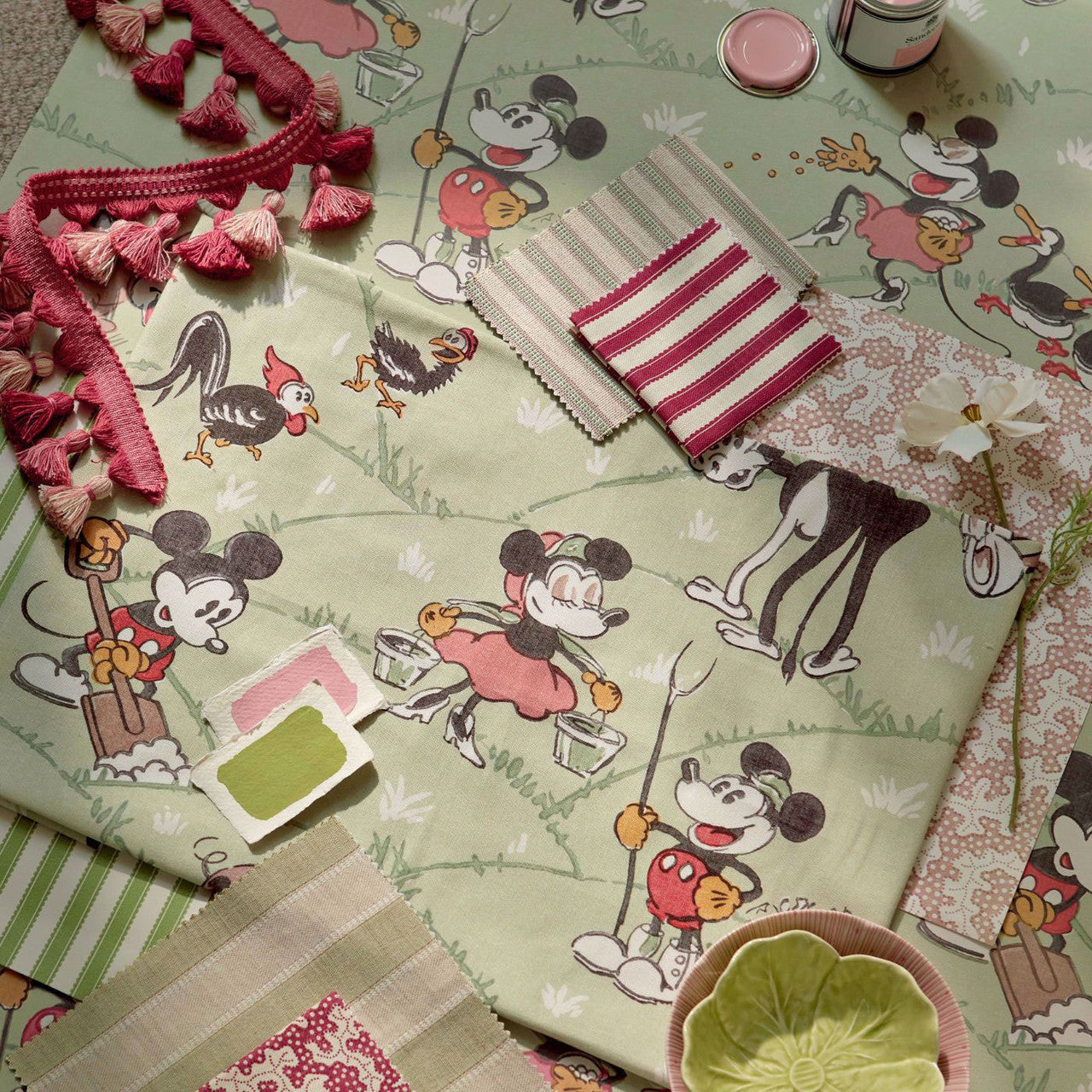 227145 Mickey at the Farm Disney Home Macaron Green Fabric by Sanderson