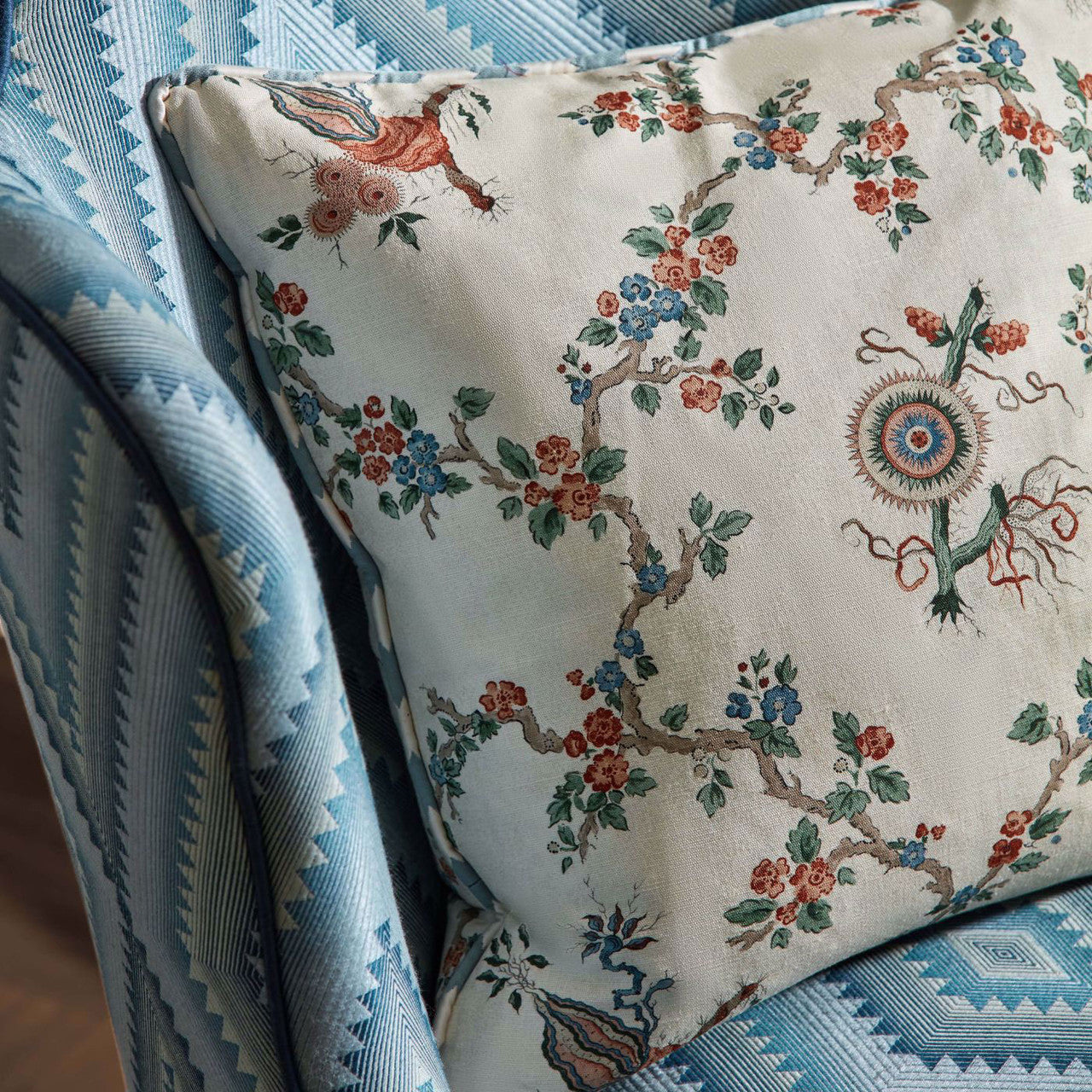 227180 Trelliage Giles Deacon Sandstone/Woad Fabric by Sanderson