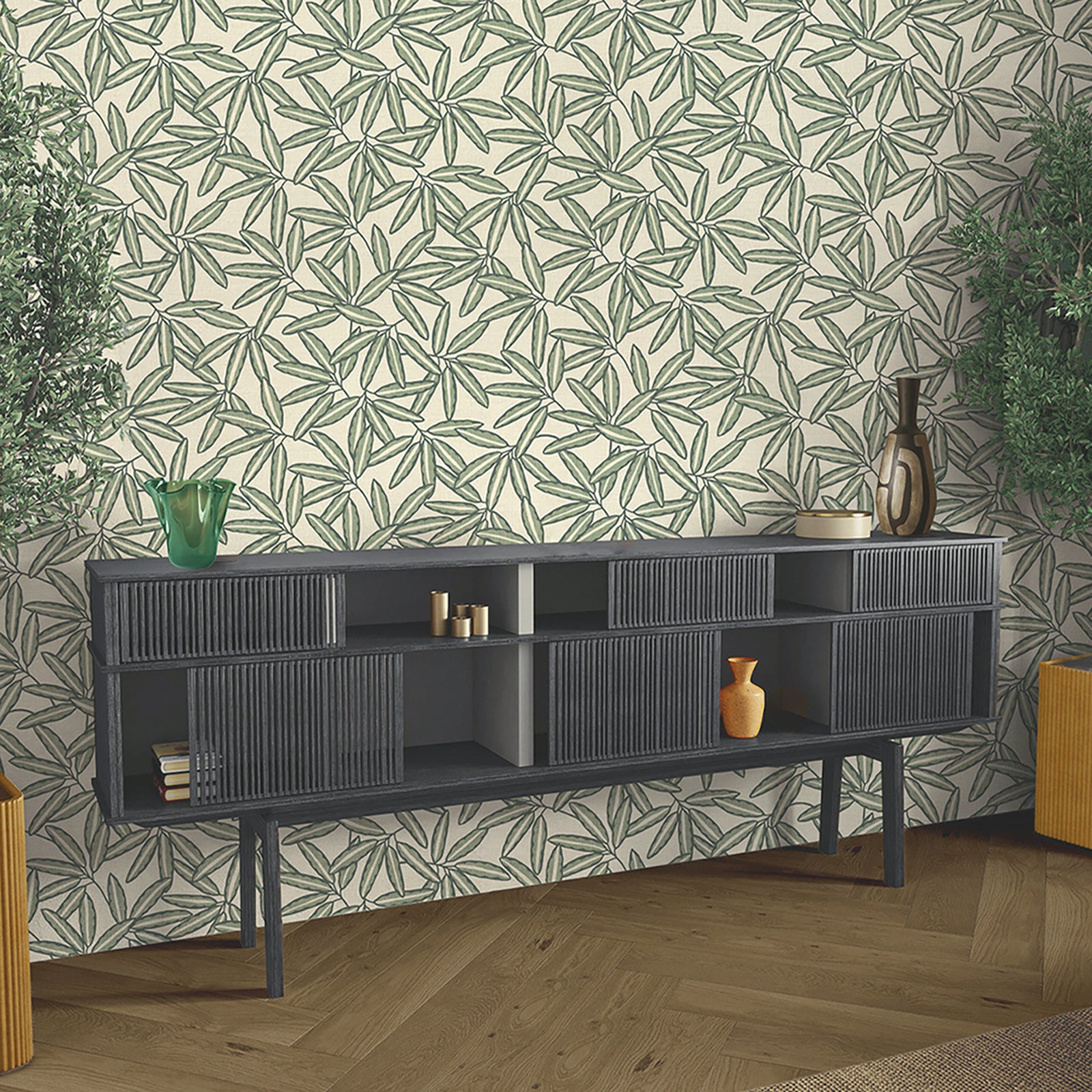 GB 2350 Grasscloth Leaf Sage Wallpaper by Belgravia