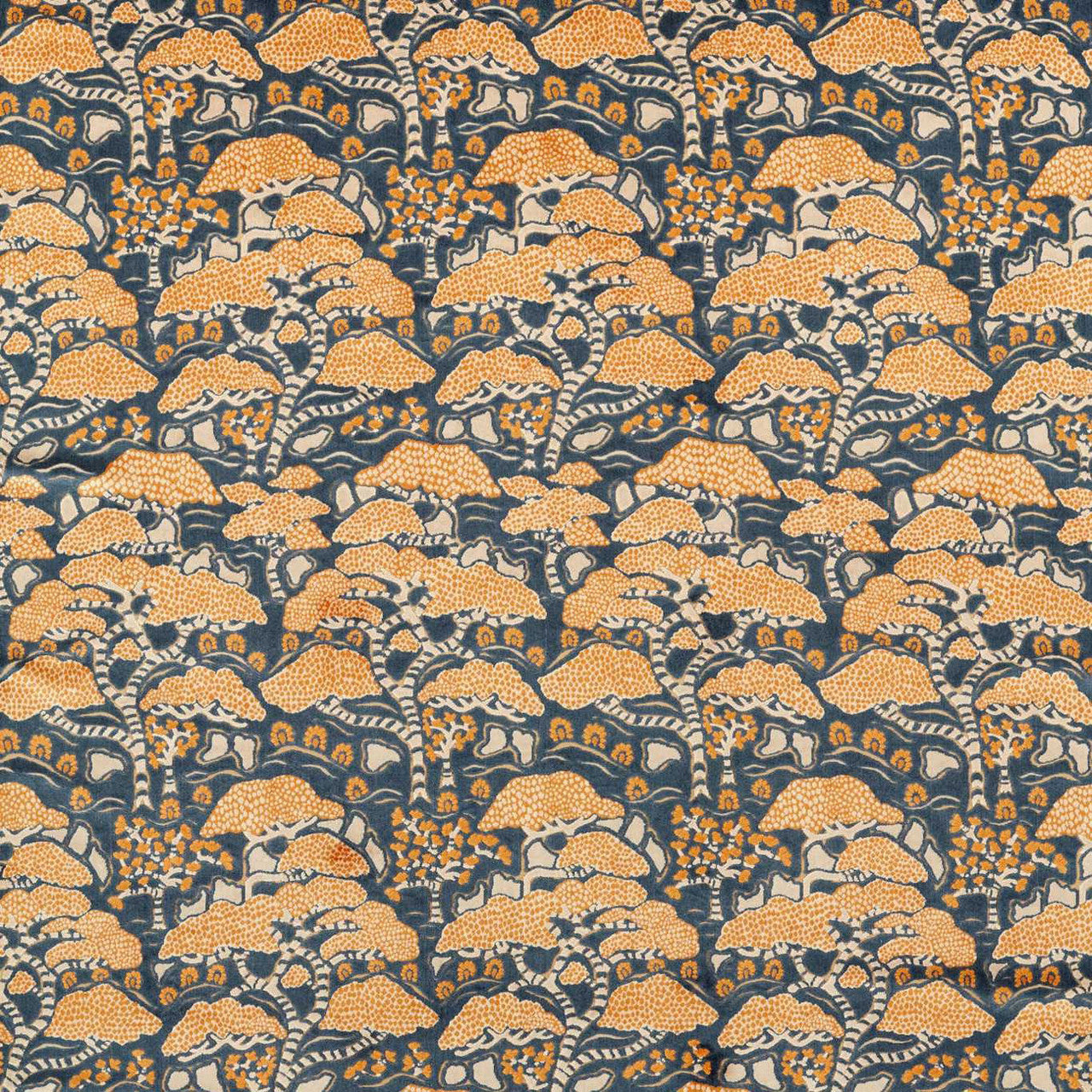 237277 Bonsai & Gingko Water Garden Midnight/Orange Fabric by Sanderson