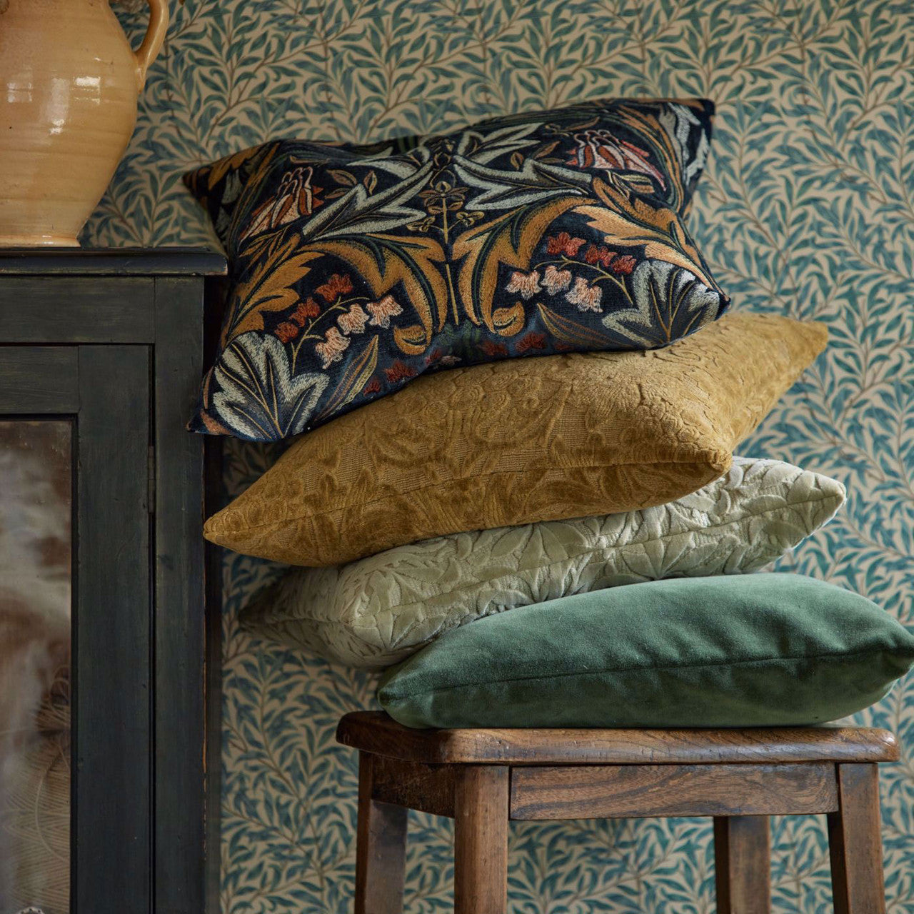 237293 Bluebell Embroidery Wardle Velvets Indigo/Russet Fabric by Morris & Co